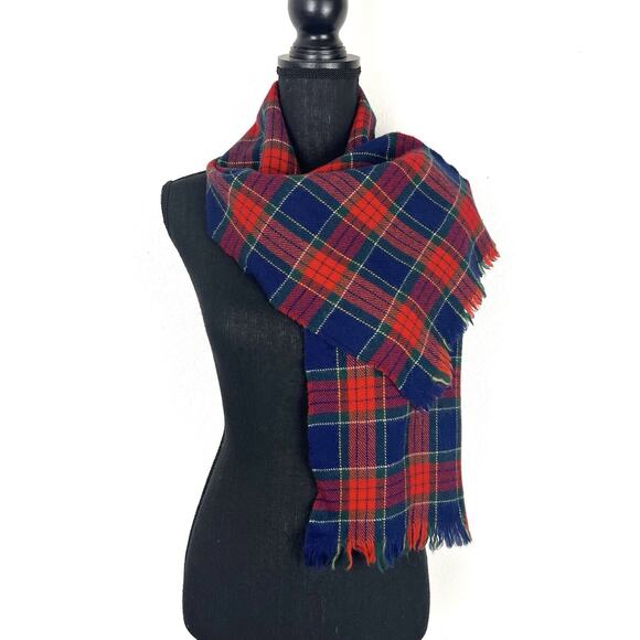 Vintage Glentex Scarf Mens Zephyr Wool Plaid Blue Red Fringe Tartan 11x48 - Picture 1 of 5
